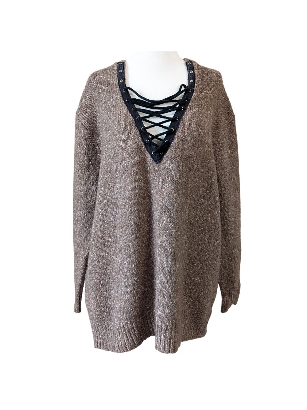 Entro Brown Knit Lace-Up V-Neck Oversized Cozy Long Sleeve Sweater Medium